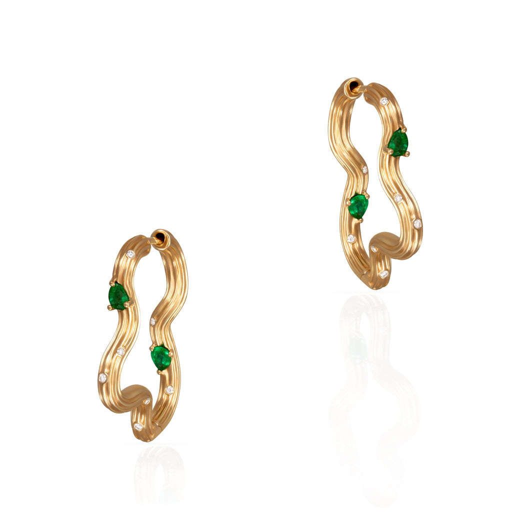 Ripple Emerald gold Hoops -L with 0.15ct diamonds